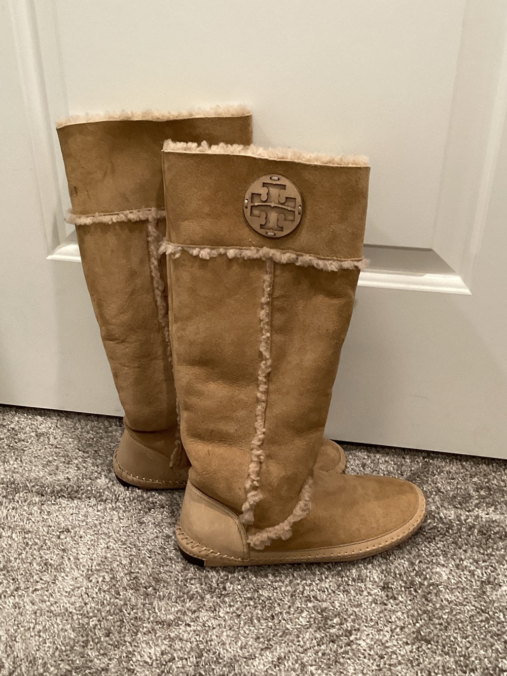 Tory Burch Camel Suede Tall Shearling Boots with Logo Medallion